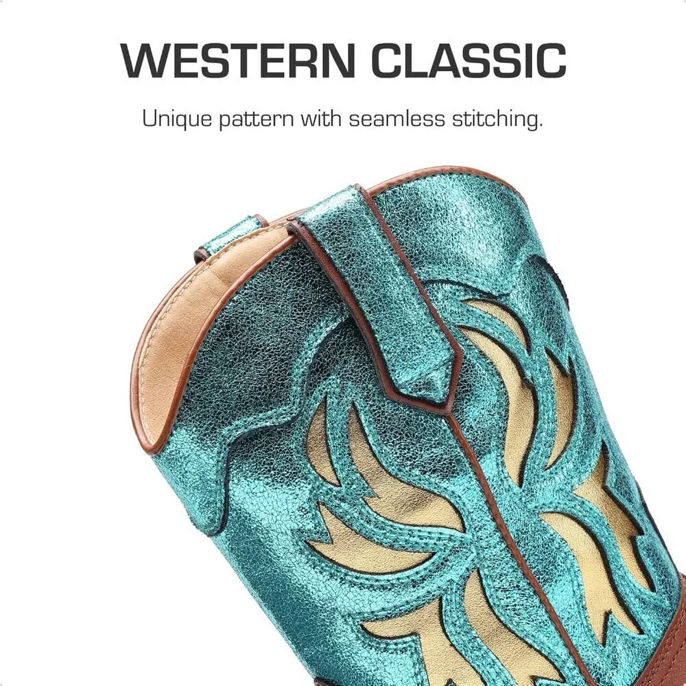 ⚡Girls Blue Square Toe Mid Calf Cowgirl Boots Western Fashion Riding Shoes